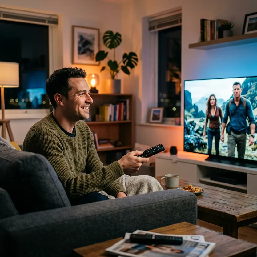 Homem feliz assistindo canal de TV com XCLOUD TV